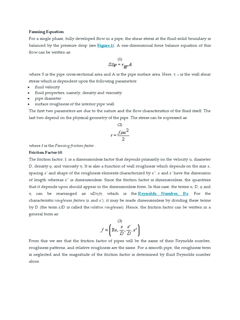 Fanning Friction Factor Equation Reynolds Number Fluid Dynamics
