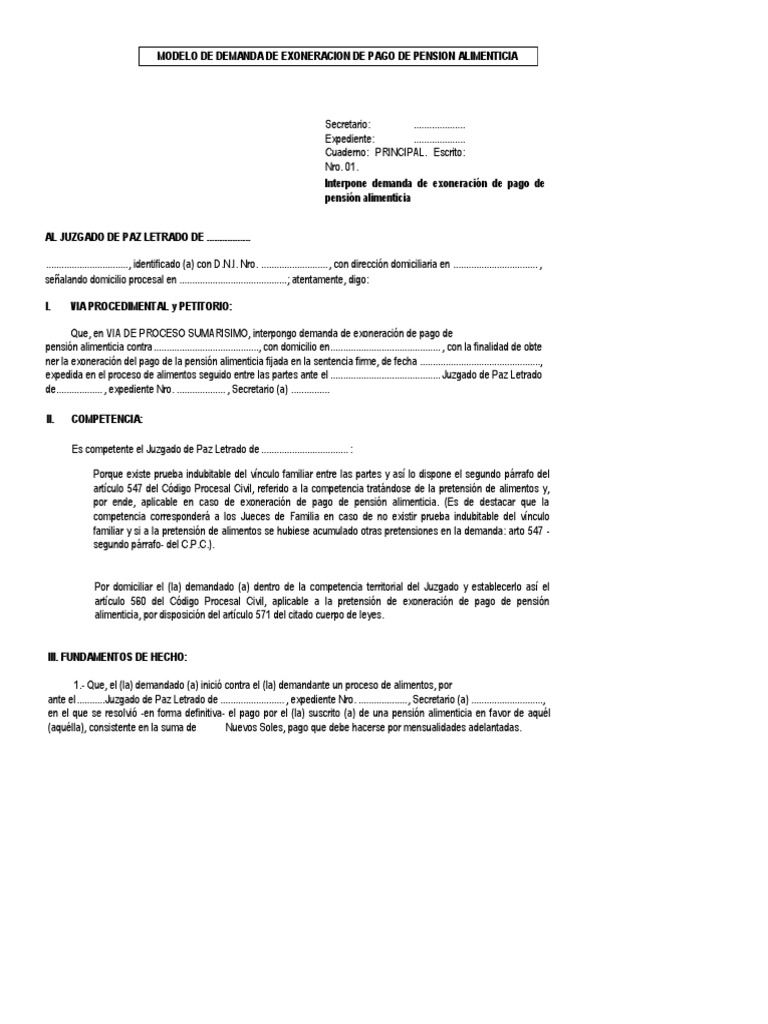 MODELO DE DEMANDA DE EXONERACION DE PAGO DE PENSION ALIMENTICIA.docx