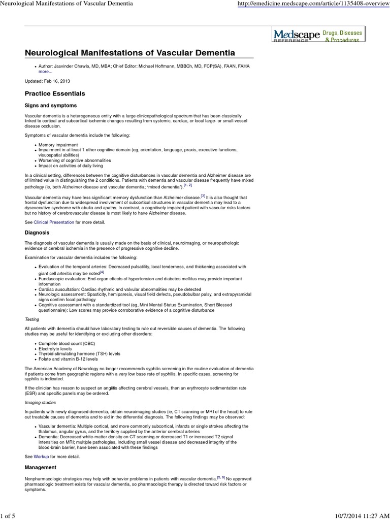 Neurological Manifestations of Vascular Dementia PDF Dementia Neurology