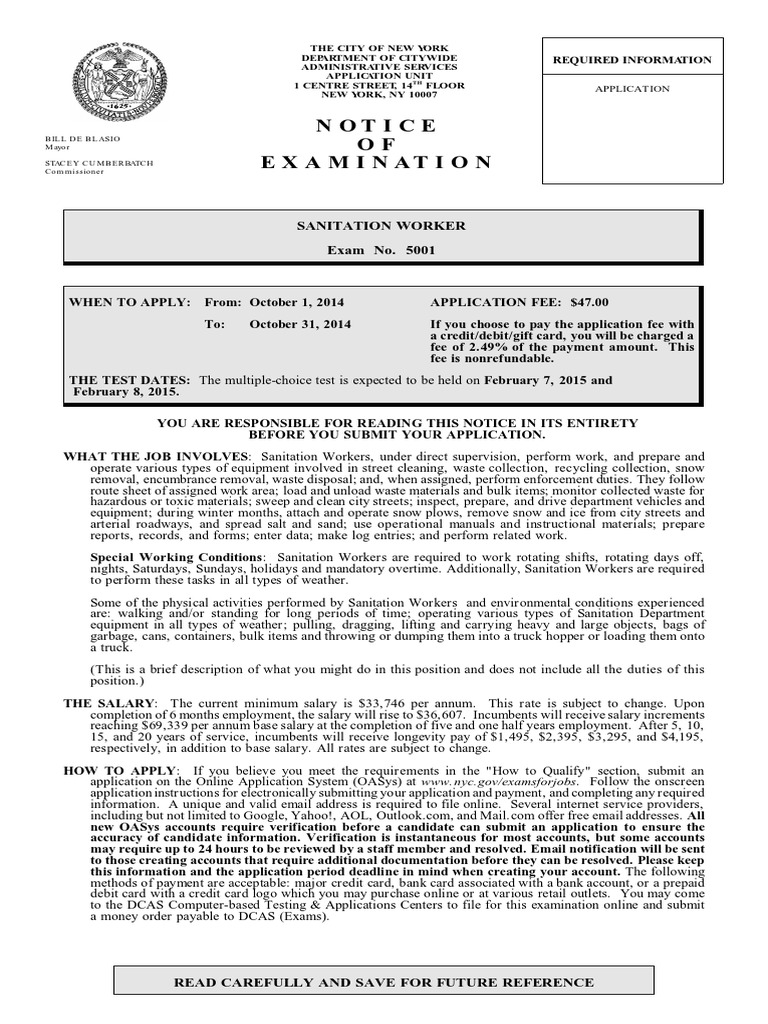 Notice OF Examination Sanitation Worker Exam No. 5001