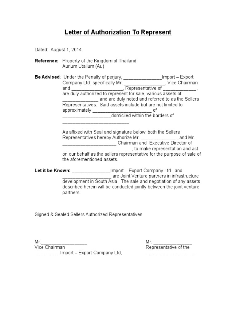 Letter of Authorization To Represent Template | PDF