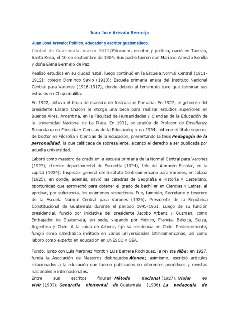 Logros y biografía de Juan José Arévalo | PDF | Escuelas | Educación ...