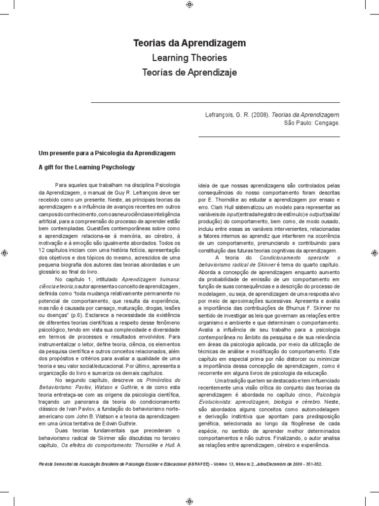 Teorias da Aprendizagem em Psicologia | PDF | Behaviorismo | Aprendizado