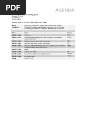 Generating New Business Meeting Agenda October 25, 2009 Board Room