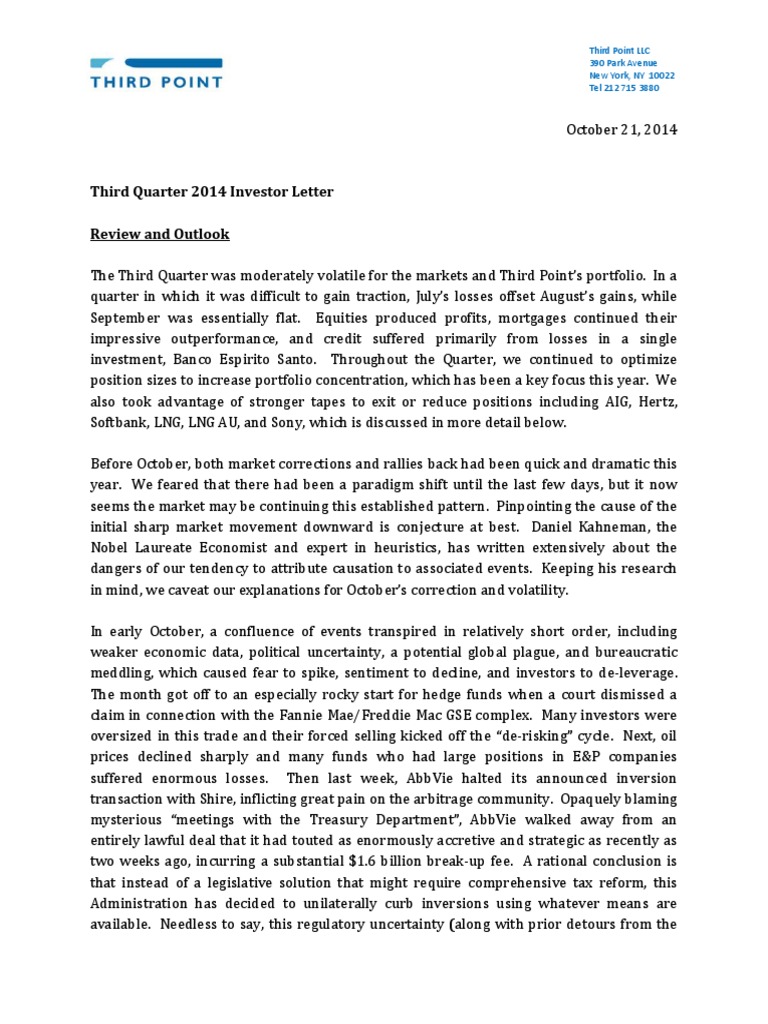 Third Point Q3 2014 Investor Letter TPOI Stock Market Index Pay Pal