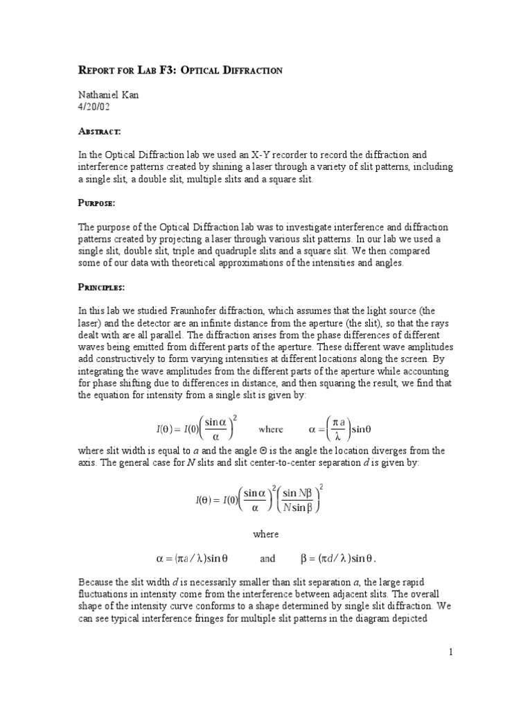 Optical Diffraction Lab Report Summary | PDF | Diffraction ...