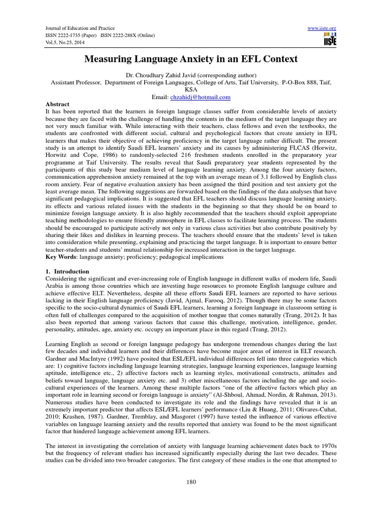 Language Anxiety in Saudi EFL Learners | PDF | English As A Second Or ...