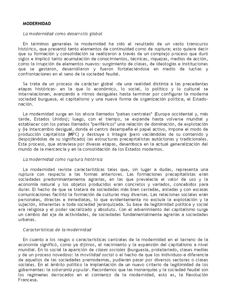 Características y Ruptura de la Modernidad | PDF | Modernidad | Sociedad