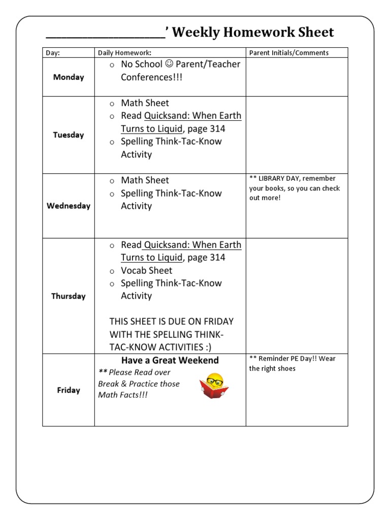 Weekly Homework Sheet Template | PDF