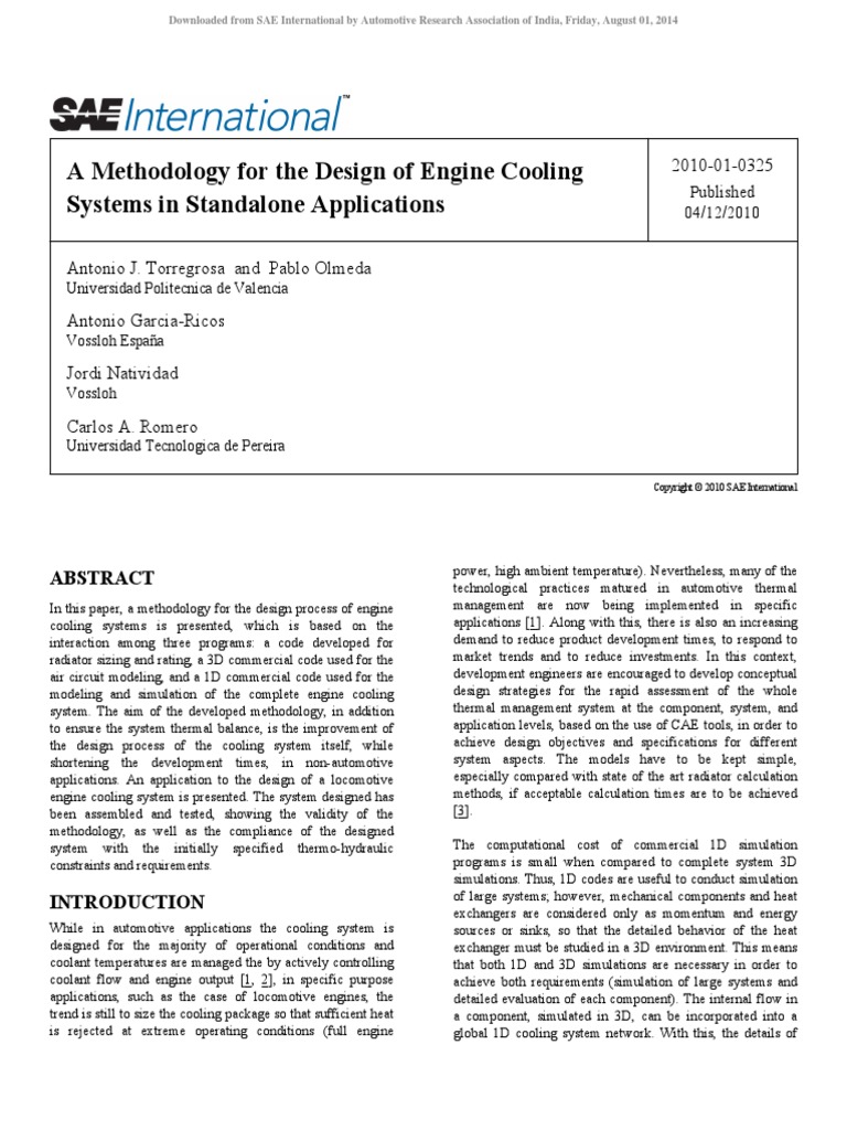 A Methodology For The Design of Engine Cooling Systems in Standalone ...
