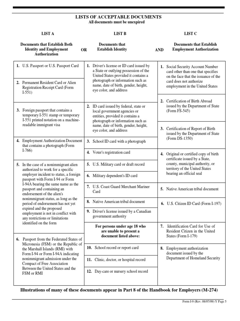 I9 Lists of Acceptable Documents Permanent Residence (United States