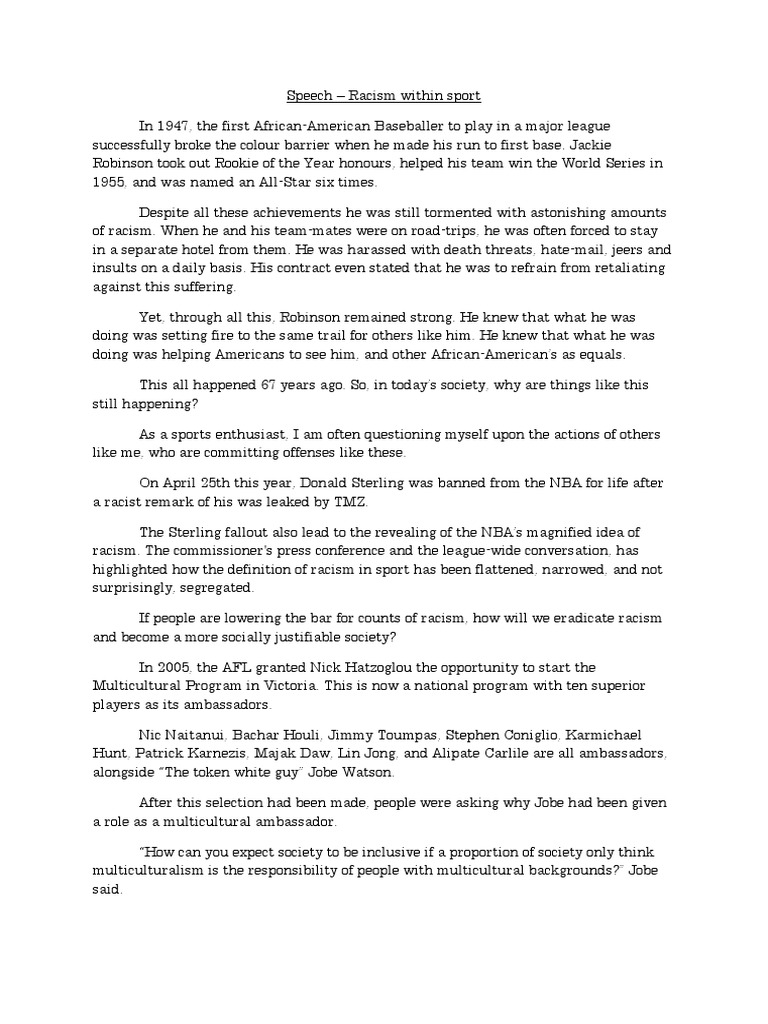 racism in sport speech Racism Ethnicity, Race & Gender