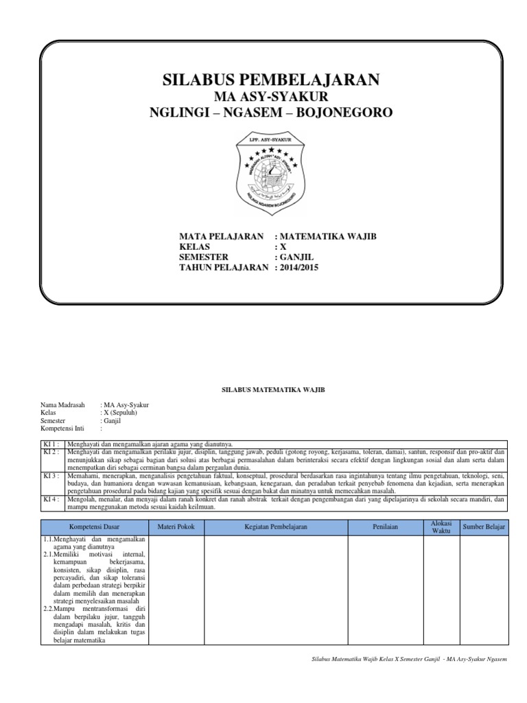 Silabus Matematika Wajib Kelas X Semester Ganjil Pdf