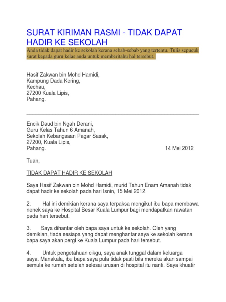 Contoh Surat Tunjuk Sebab Tidak Hadir Kerja Sekolah Lewat
