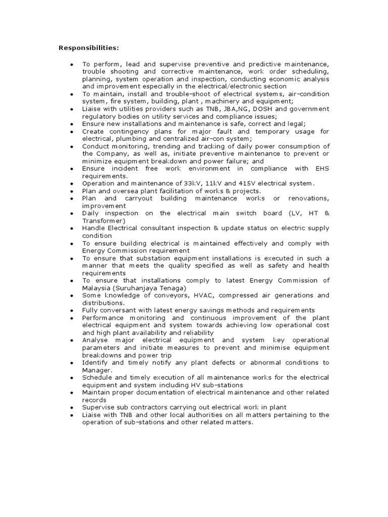 Chargeman Job Discription JD Electrical Substation Electrical