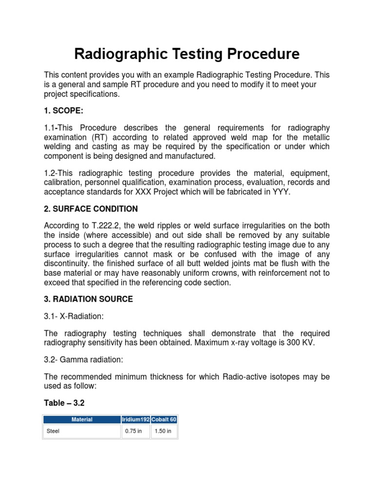 Radiographic Testing Procedure for Welding | PDF | Radiography | Materials