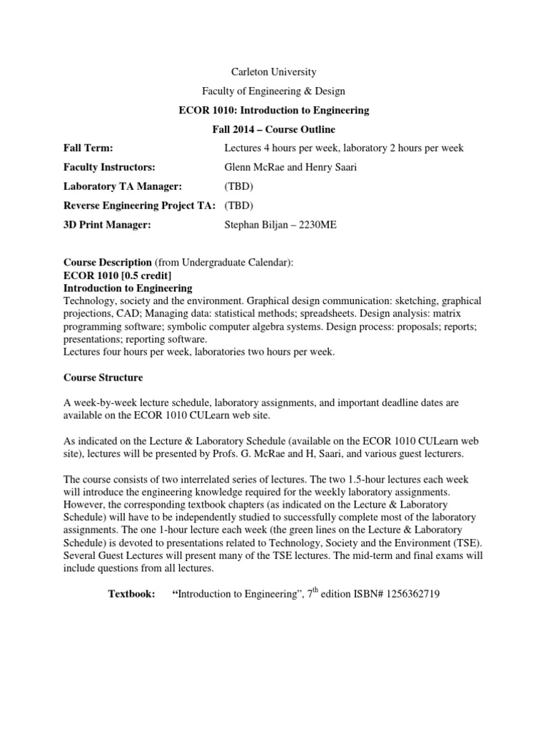 ECOR 1010 Course Outline Fall 2014 | PDF | Attention Deficit ...
