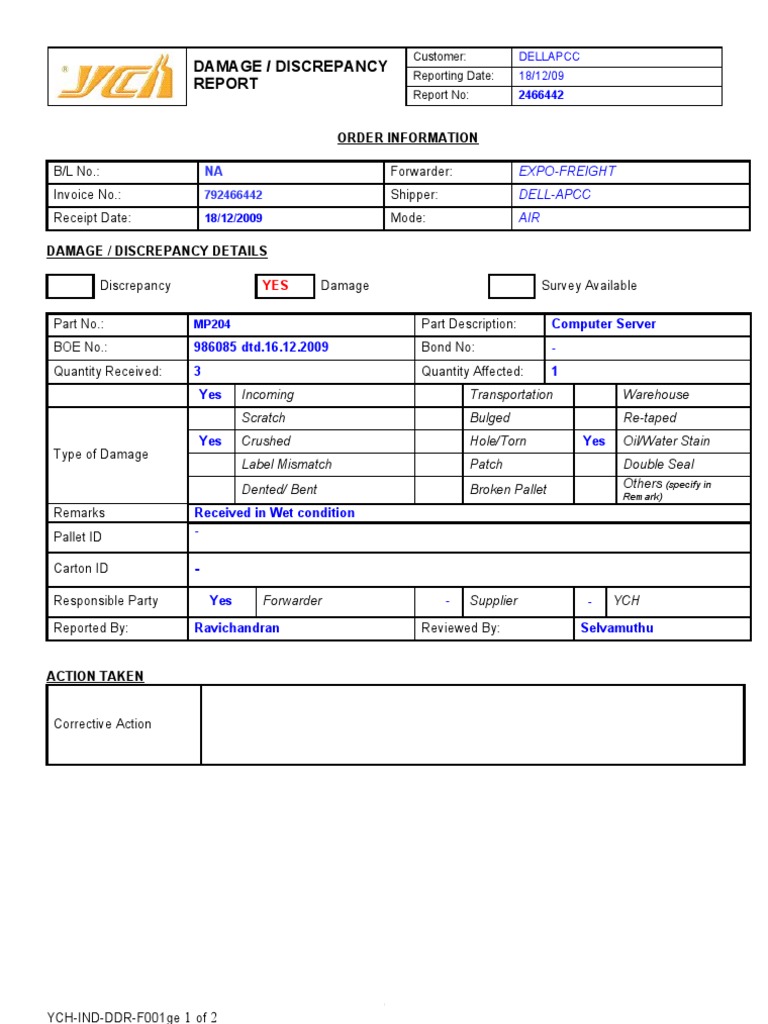 Damage / Discrepancy Report