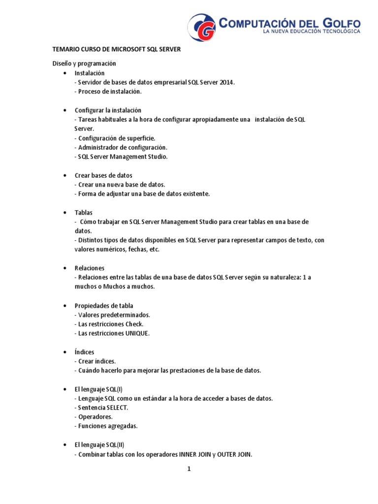 Temario Curso Avanzado SQL Server | PDF | Informática