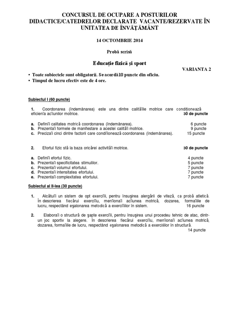 Subiect Titularizare 2010 Ed Fizica Si Sport