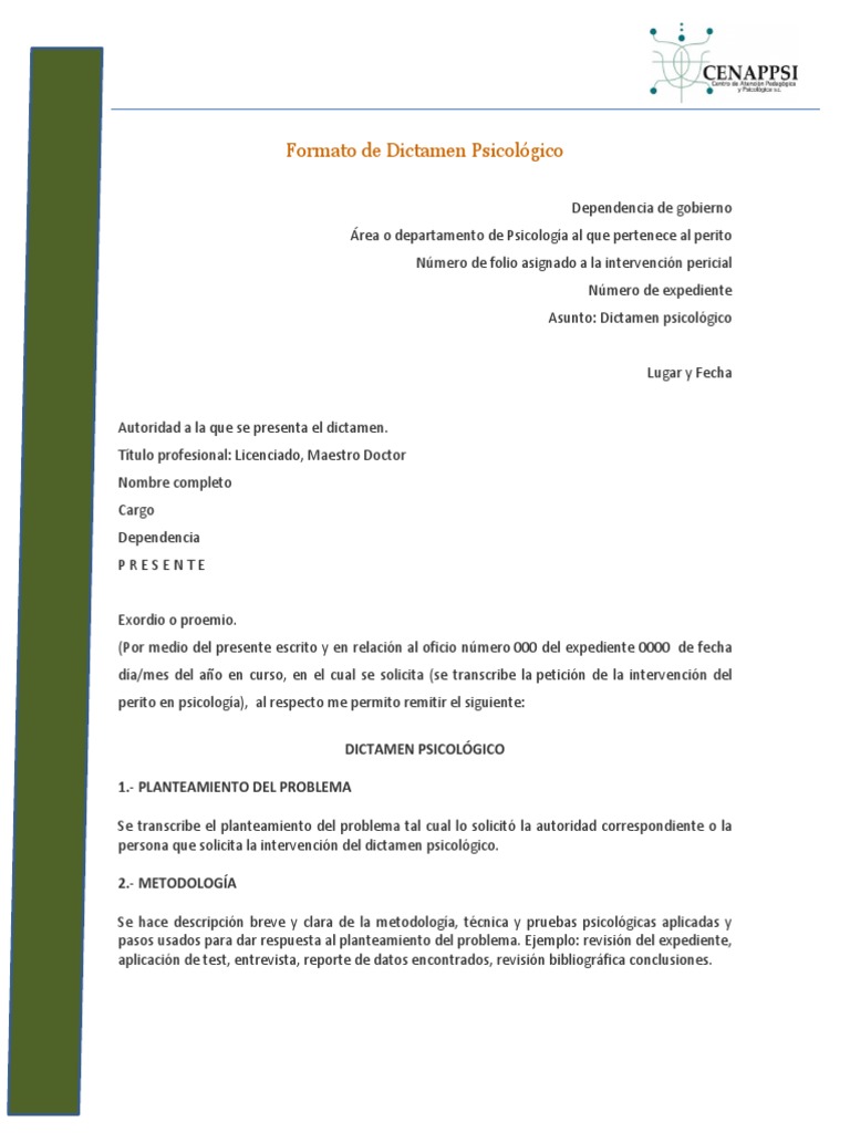 Formato Dictamen Pericial Psicol gico PDF Psicolog a Cognici n