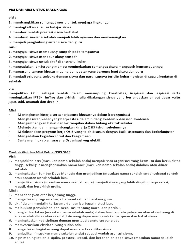 Contoh Visi Dan Misi Osis