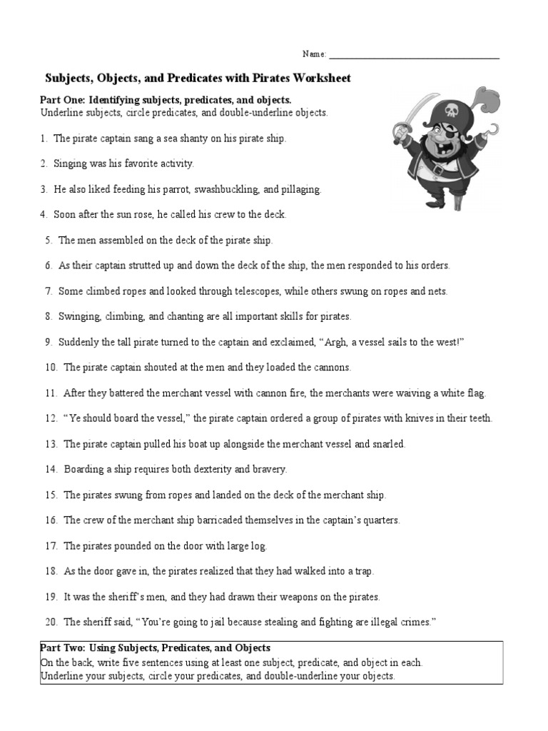 Subjects Objects and Predicates With Pirates Worksheet  PDF Inside Complete Subject And Predicate Worksheet