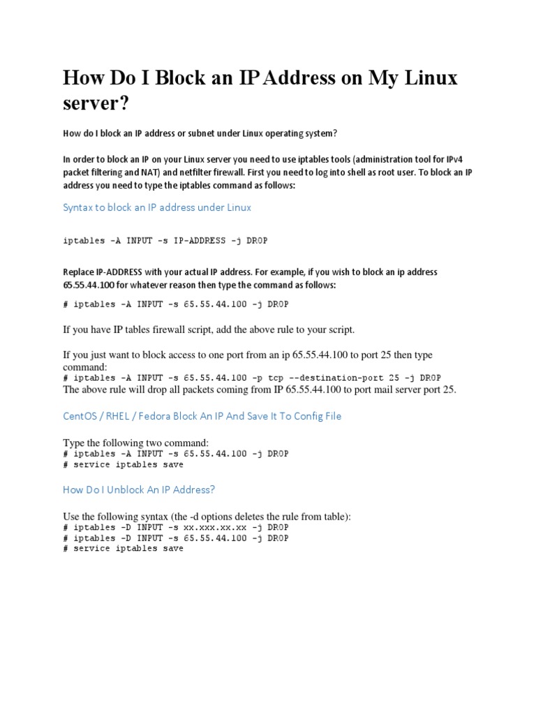 Linux IP Blocking Guide | PDF | Ip Address | Firewall (Computing)