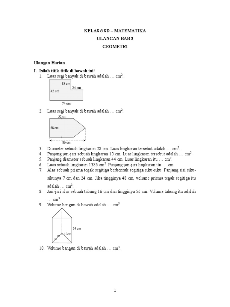 Soal Matematika Kelas 6 Sd Semester I Ulangan Bab 3 Geometri