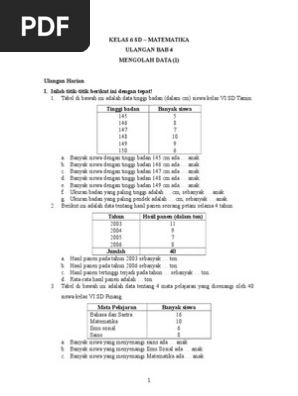 Soal Matematika Kelas 6 Sd Semester I Ulangan Bab 4 Mengolah Data I Pdf