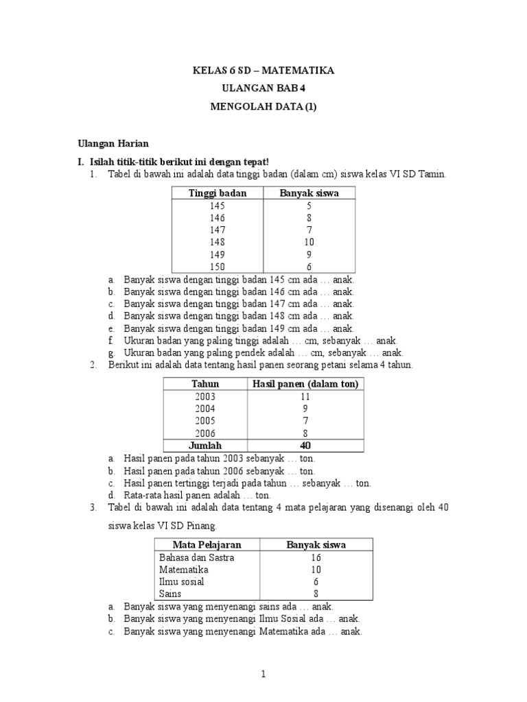 Soal Matematika Kelas 6 Sd Semester I Ulangan Bab 4 Mengolah
