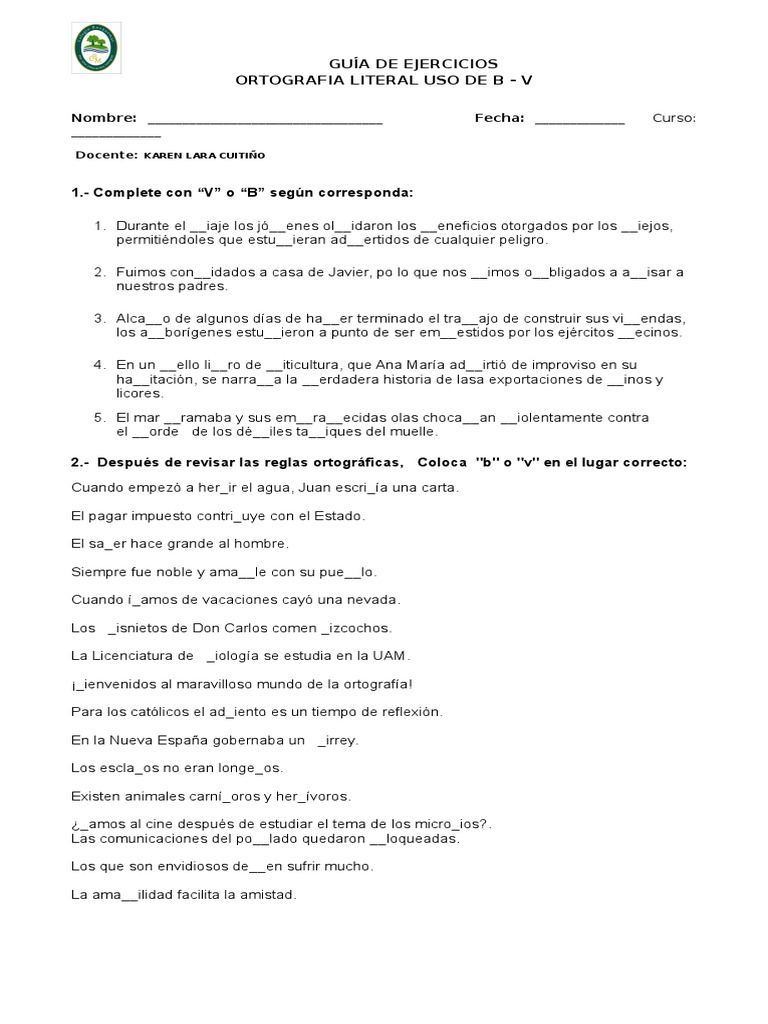 Ejercicios de Ortografía B y V | PDF