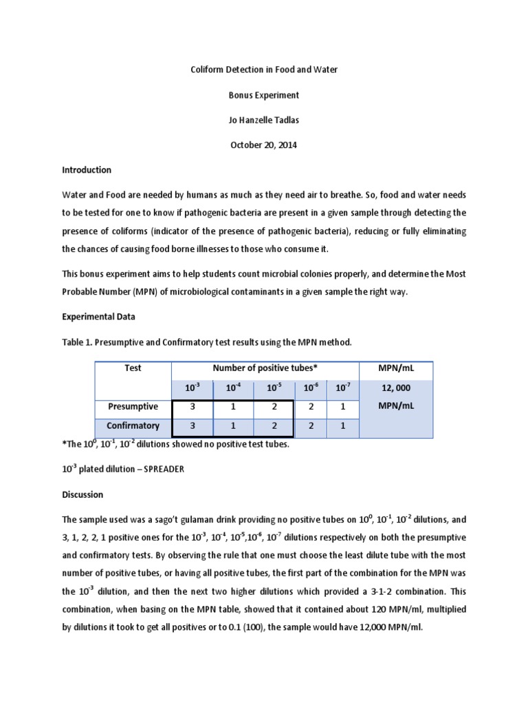 Testing For Coliforms in Food and Water (A Bonus Experiment) | PDF ...
