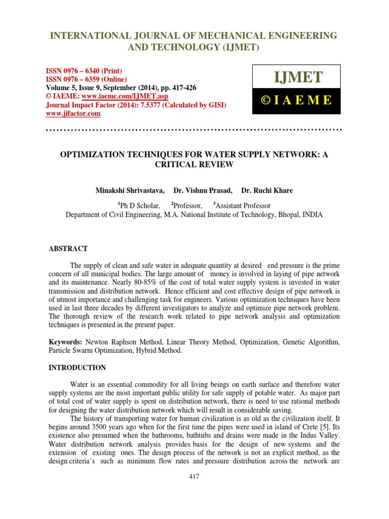 Optimization Techniques For Water Supply Network A Critical Review | PDF