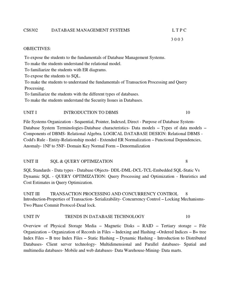 DBMS Course Syllabus and Objectives | PDF | Database Index | Relational ...