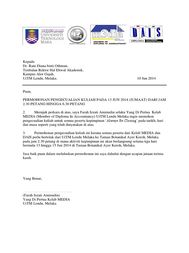 Contoh Surat Pengecualian Kuliah Uitm Melaka