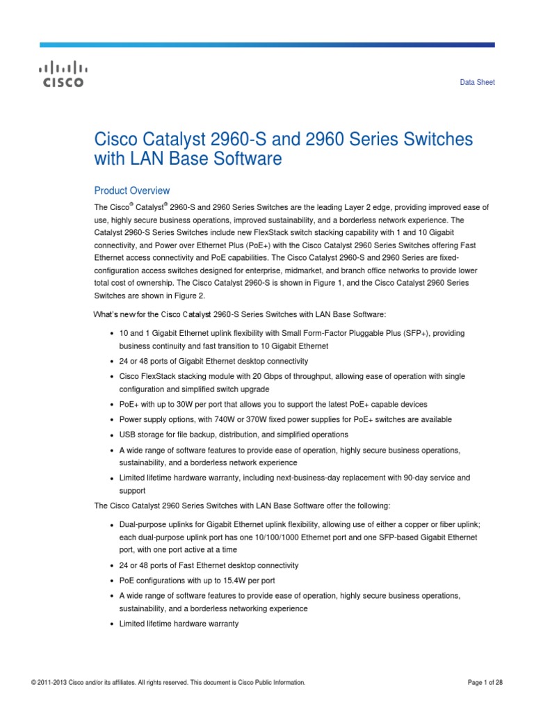 Cisco Catalyst 2960 S And 2960 Series Switches With Lan Base Software Data Sheet Pdf Network Switch Computer Network