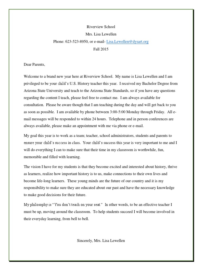 sed letters to parents principle and intro Teachers Classroom