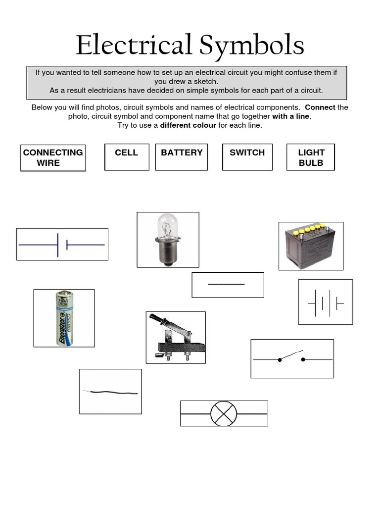 Electrical Symbols: Connecting Cell Battery Switch Light Wire Bulb