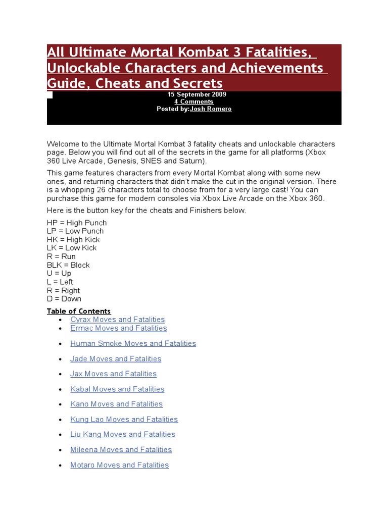All Ultimate Mortal Kombat 3 Fatalities | PDF | Warner Bros. Franchises ...