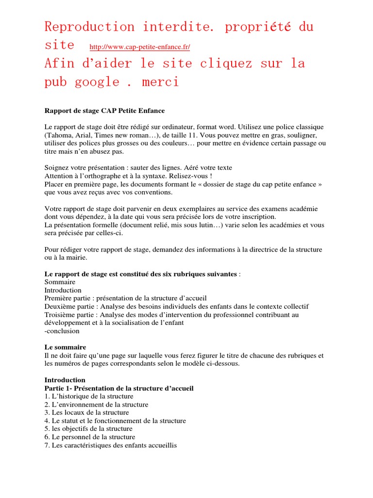 Conseils Rapport de Stage Cap Petite Enfance  PDF  Google  Microsoft