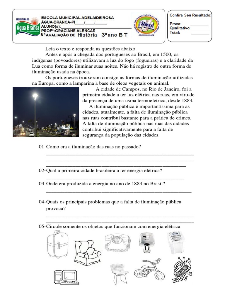 6 prova de historia 3 ano