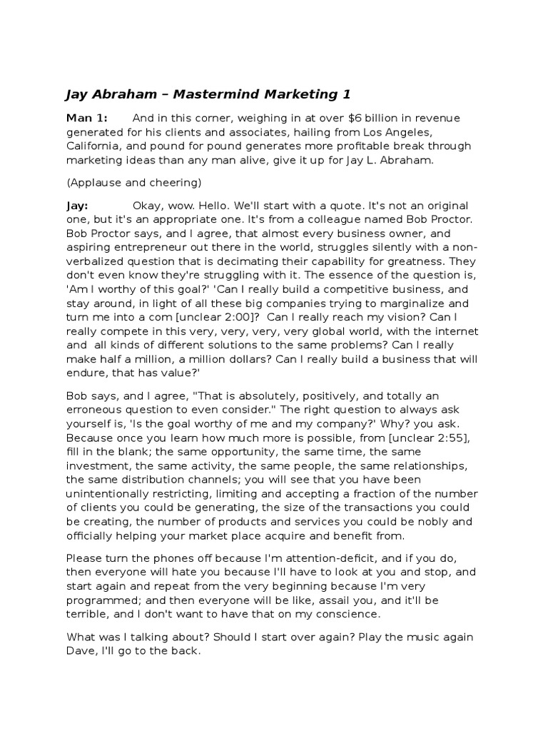 Jay Abraham Mastermind Marketing Transcript Pdf Gambling
