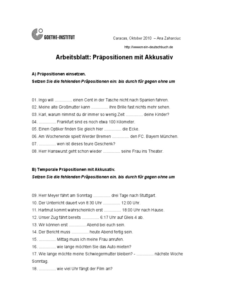 Arbeitsblatt Prapositionen Mit Akkusativ Doc