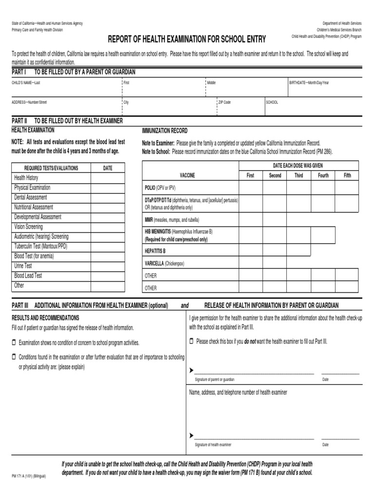 California School Entry Health Exam Report | PDF | Veterinary Medicine ...