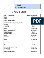 Price List: Dry Cleaners