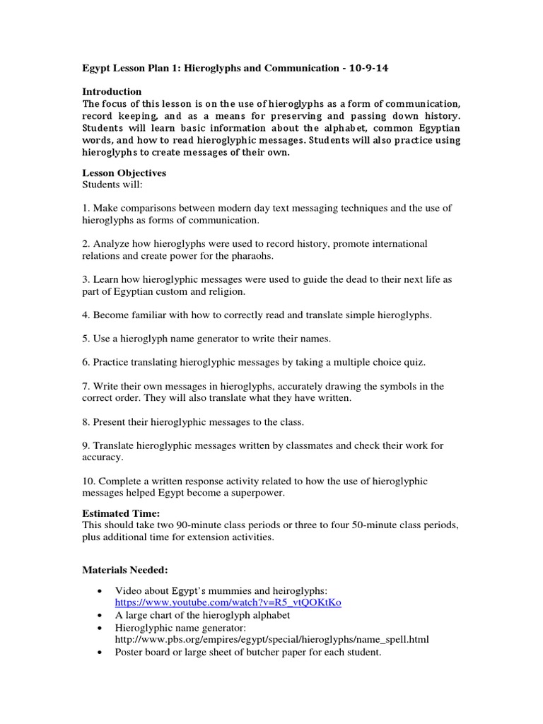 egypt lesson plan 1 | Egyptian Hieroglyphs | Semiotics