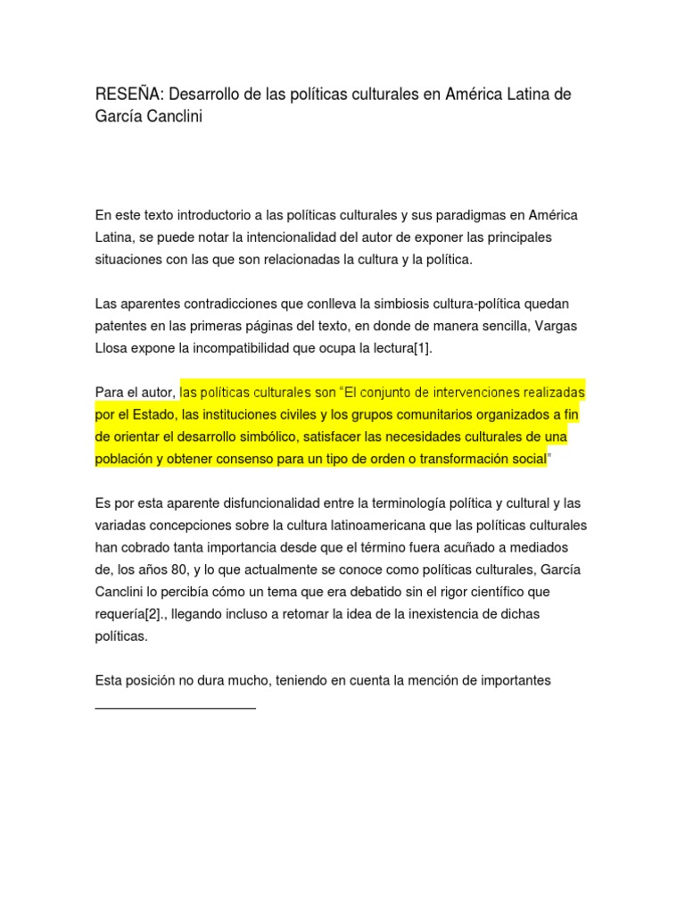 RESEÑA Desarrollo de Las Políticas Culturales en América Latina de ...
