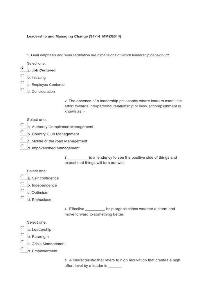 Leadership Styles and Change Management Quiz | PDF | Emergence | Leadership