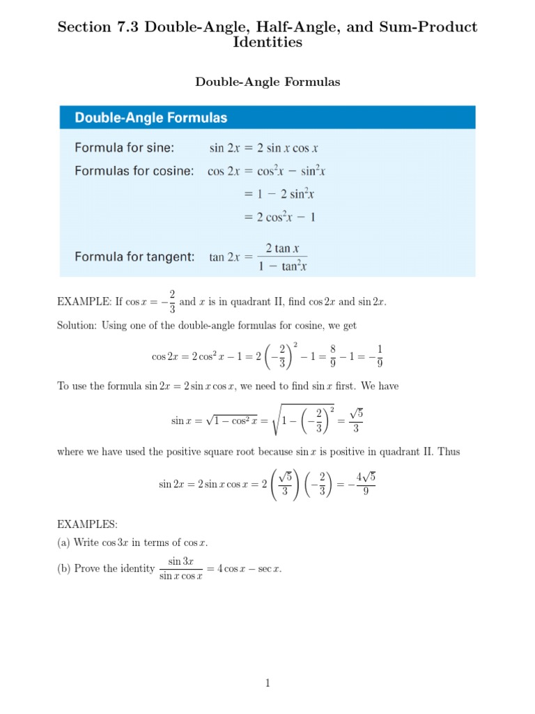 Double-Angle, Half-Angle, and Sum-Product Identities | PDF ...